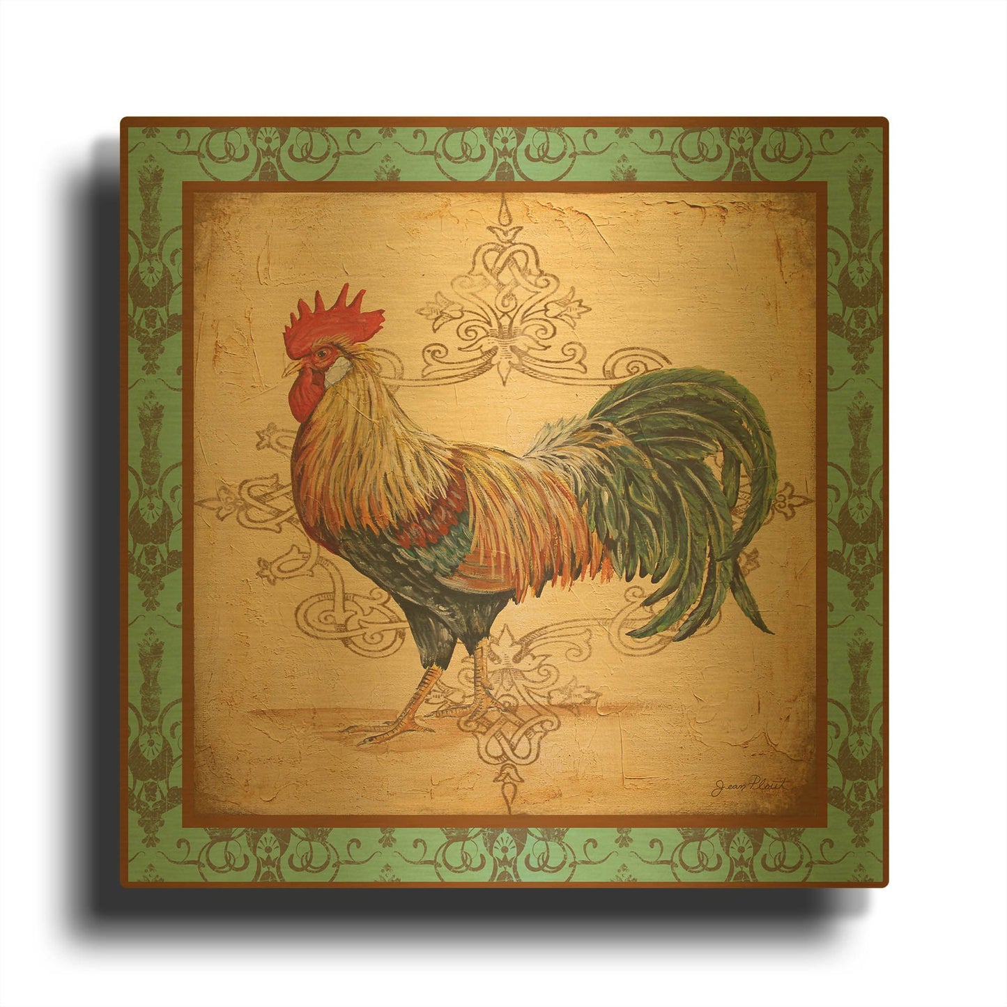 'Cockadoodledoo E Aqua Border' By Jean Plout Gold Metal Wall Art