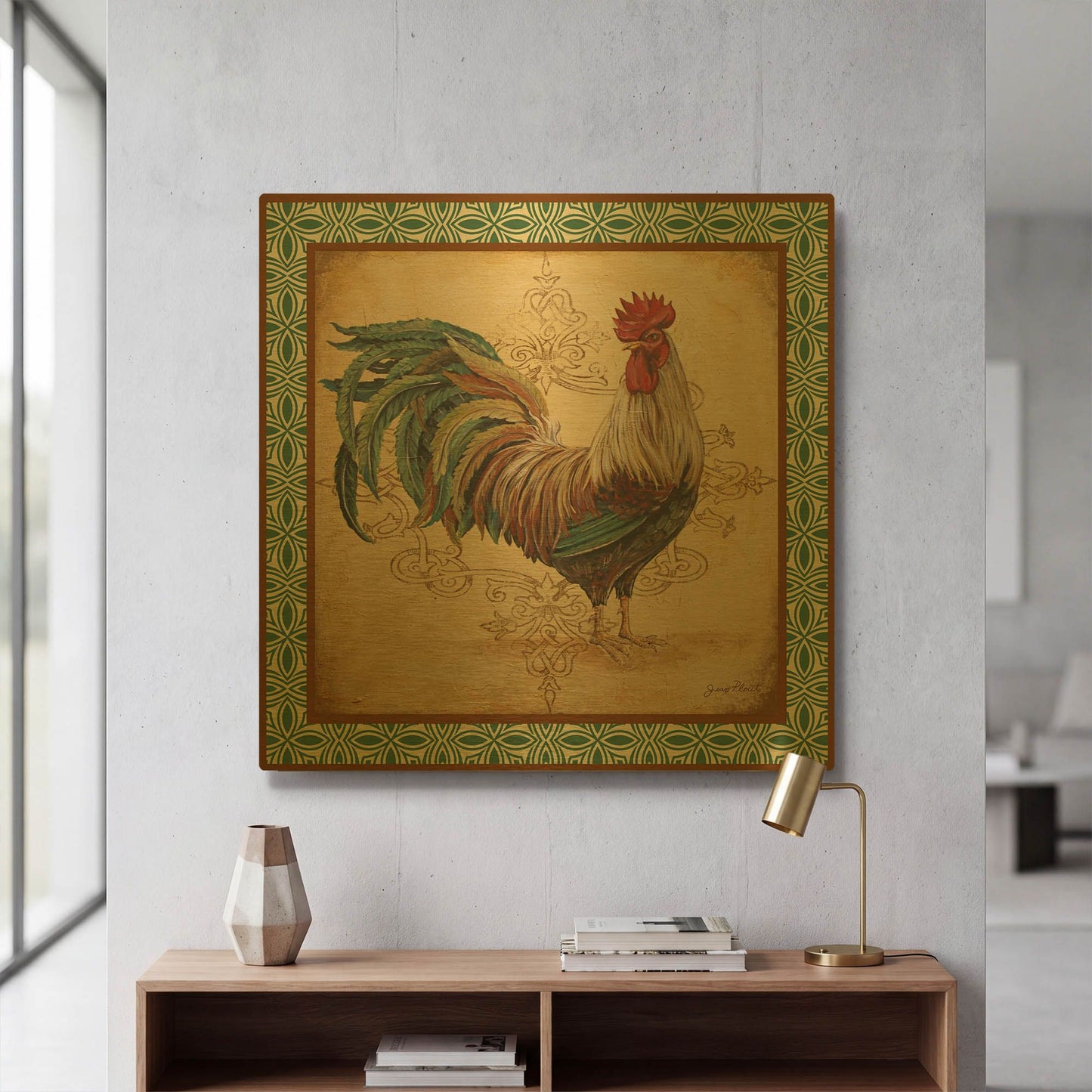 'Cockadoodledoo E Green Border' By Jean Plout Gold Metal Wall Art