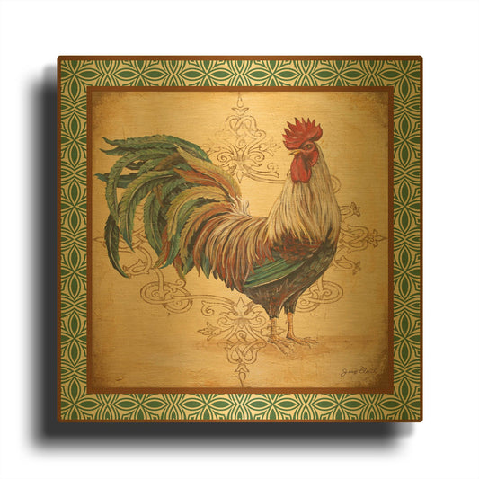 'Cockadoodledoo E Green Border' By Jean Plout Gold Metal Wall Art