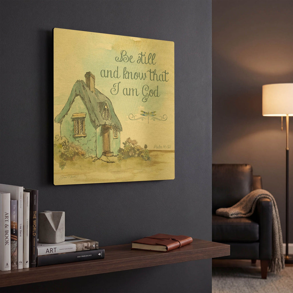'Cottage With Psalm' By Jean Plout Gold Metal Wall Art