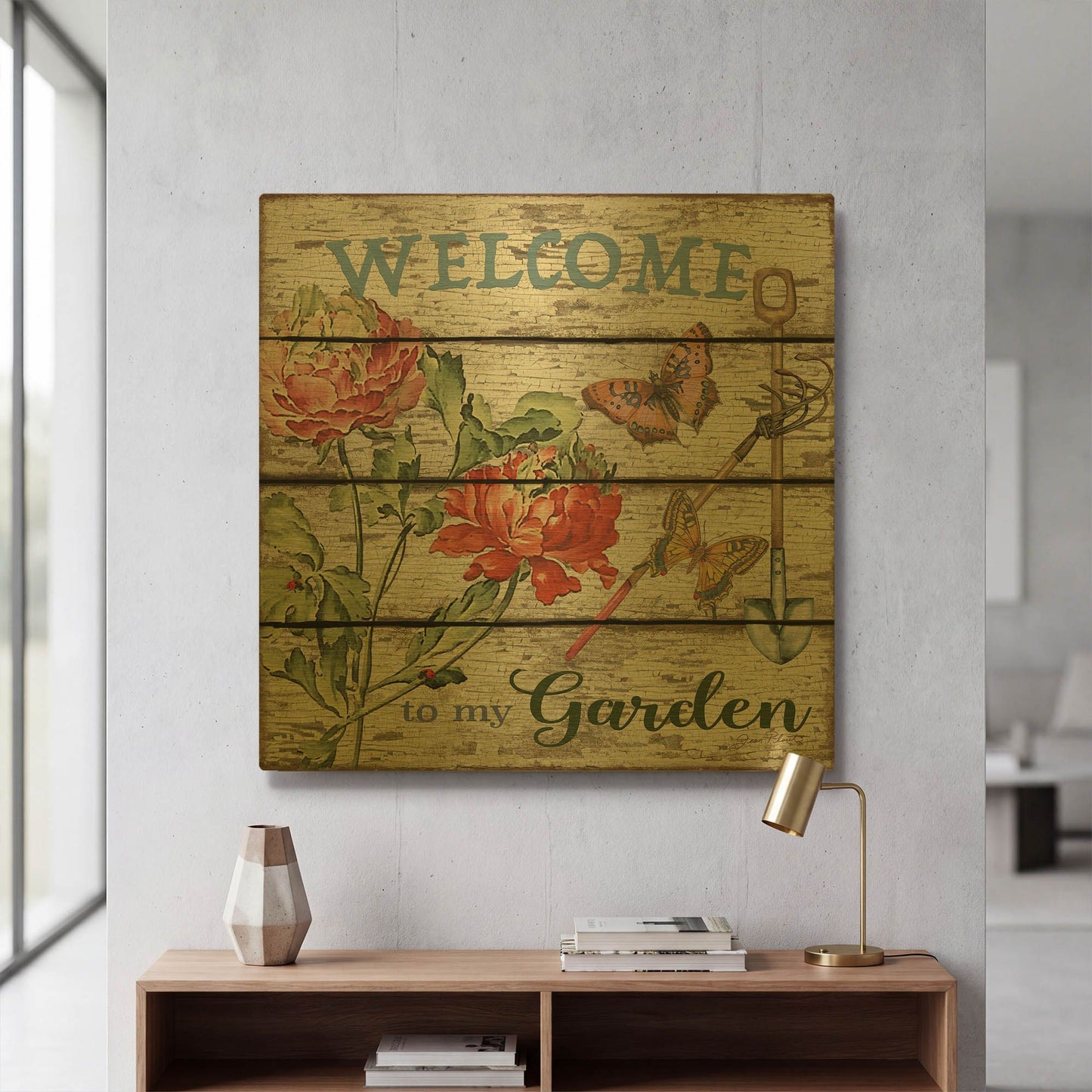 'Country Garden Sign B' By Jean Plout Gold Metal Wall Art