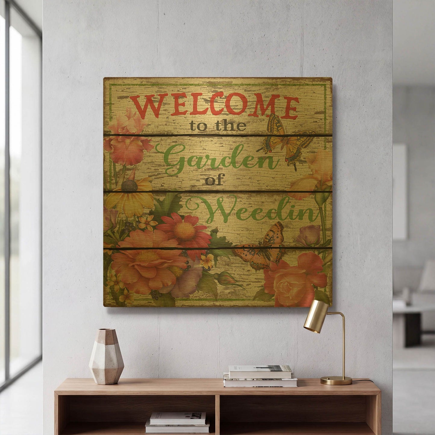 'Country Garden Sign E' By Jean Plout Gold Metal Wall Art