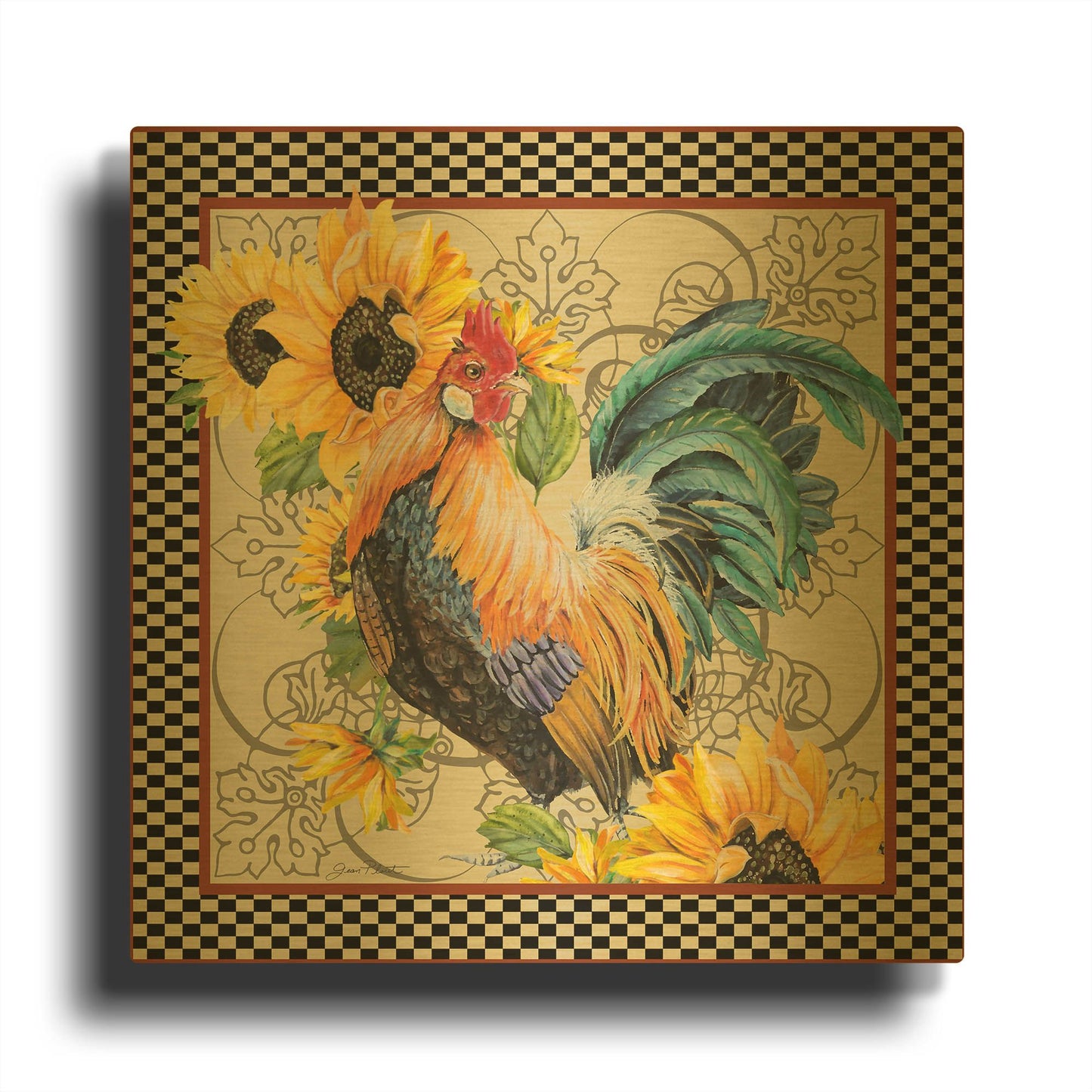 'Country Time Rooster A' By Jean Plout Gold Metal Wall Art