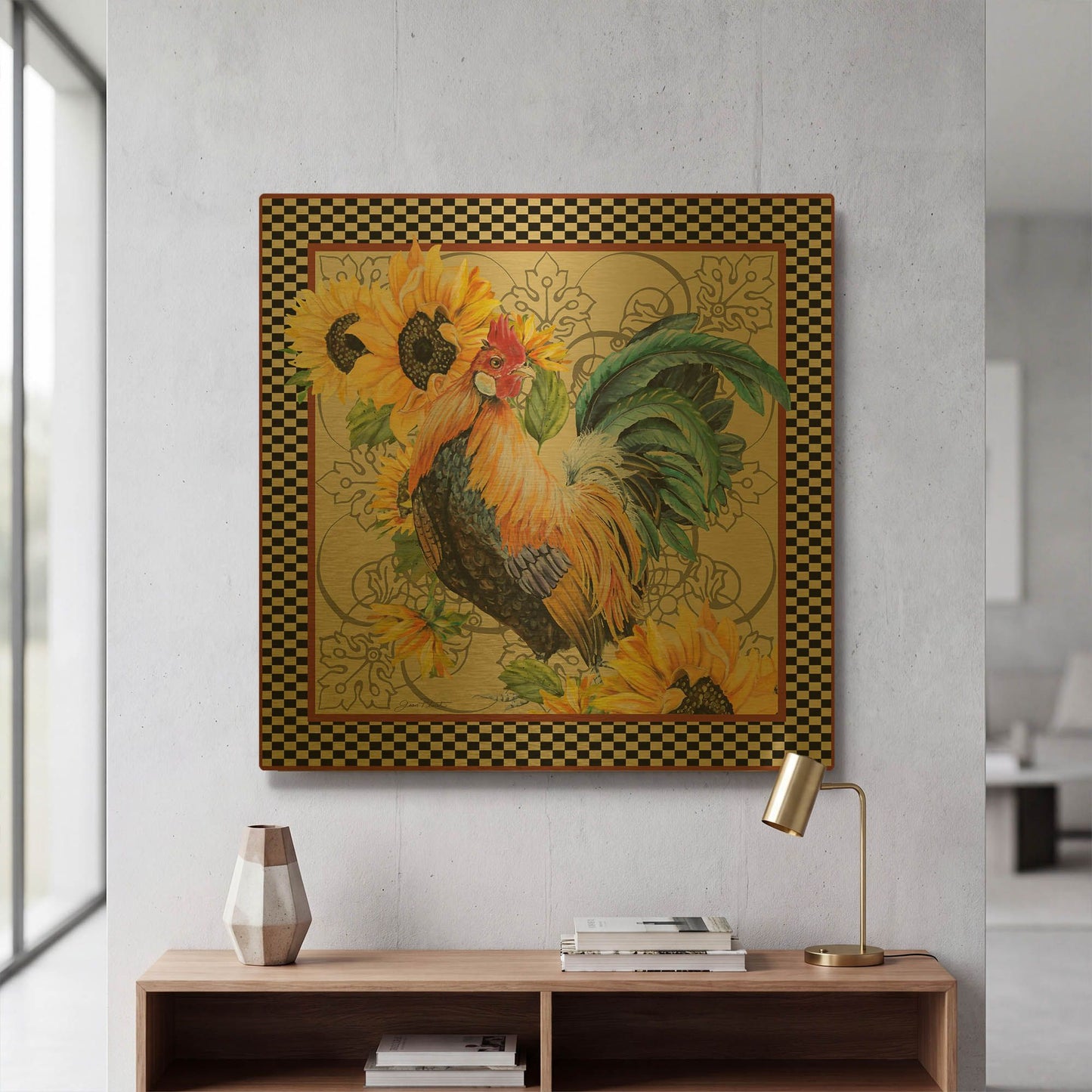 'Country Time Rooster A' By Jean Plout Gold Metal Wall Art
