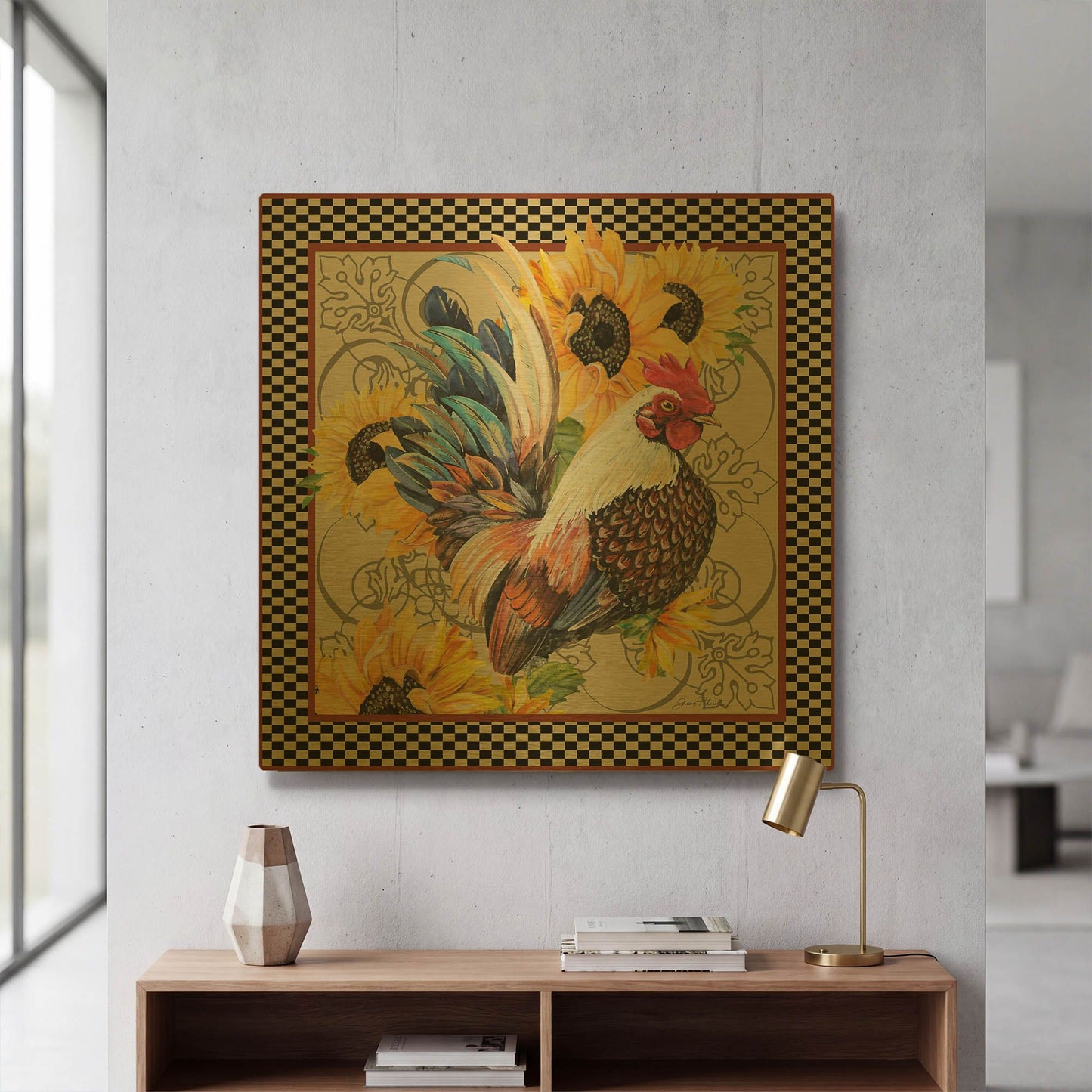 'Country Time Rooster B' By Jean Plout Gold Metal Wall Art