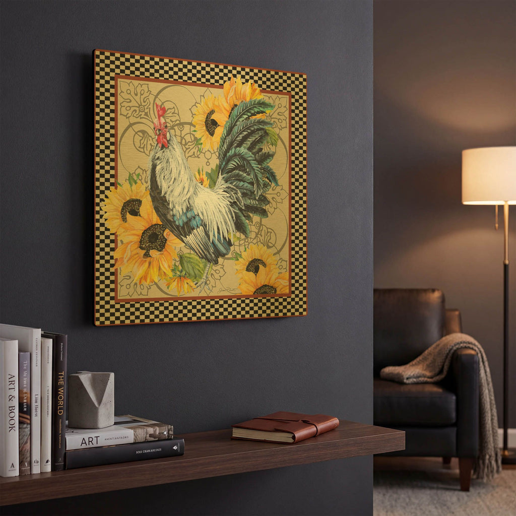 'Country Time Rooster C' By Jean Plout Gold Metal Wall Art