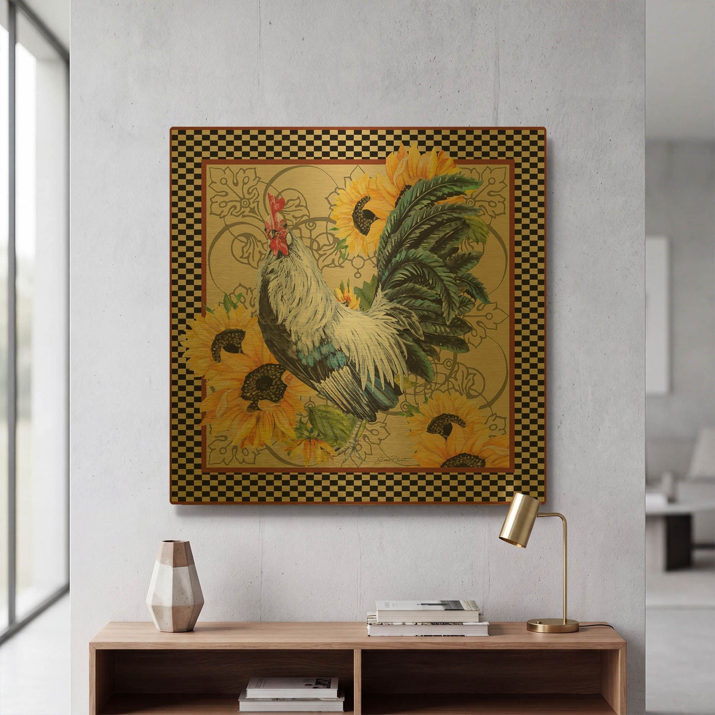 'Country Time Rooster C' By Jean Plout Gold Metal Wall Art