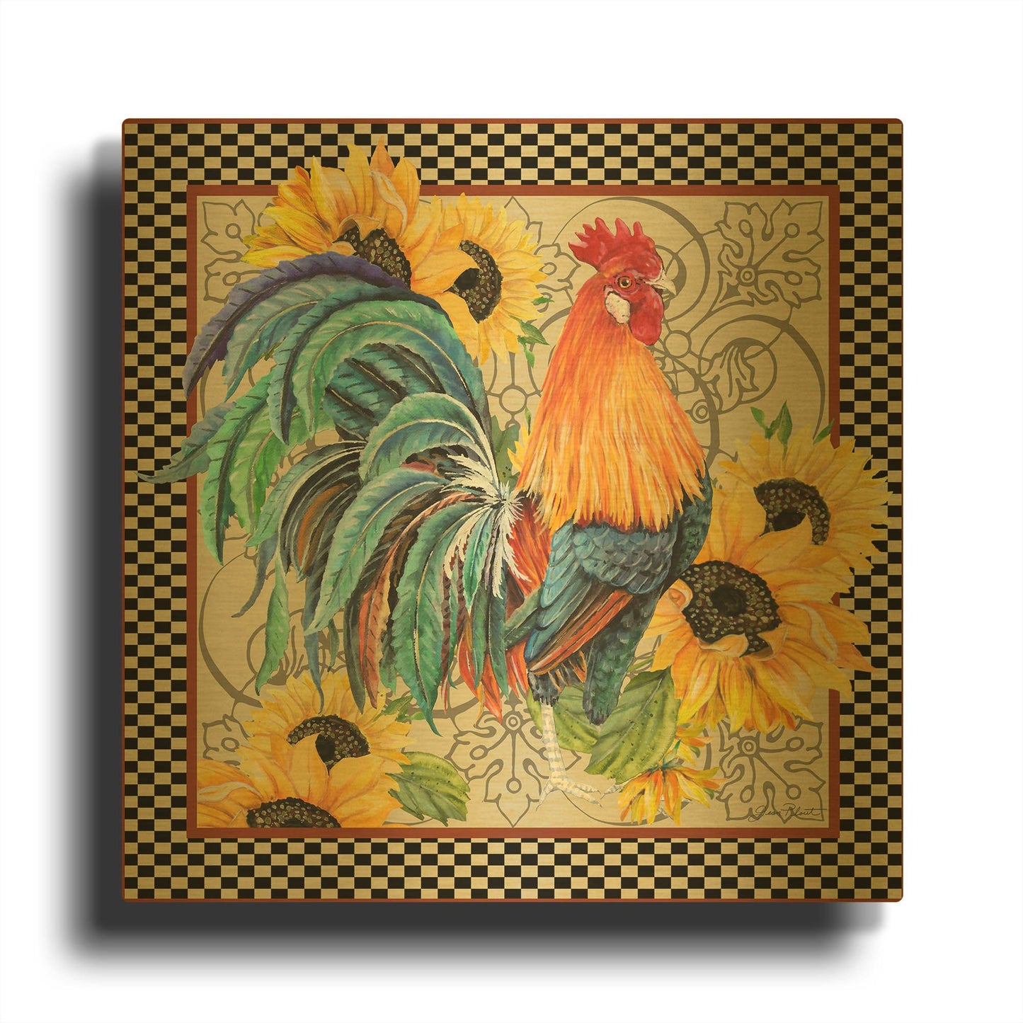 'Country Time Rooster D' By Jean Plout Gold Metal Wall Art