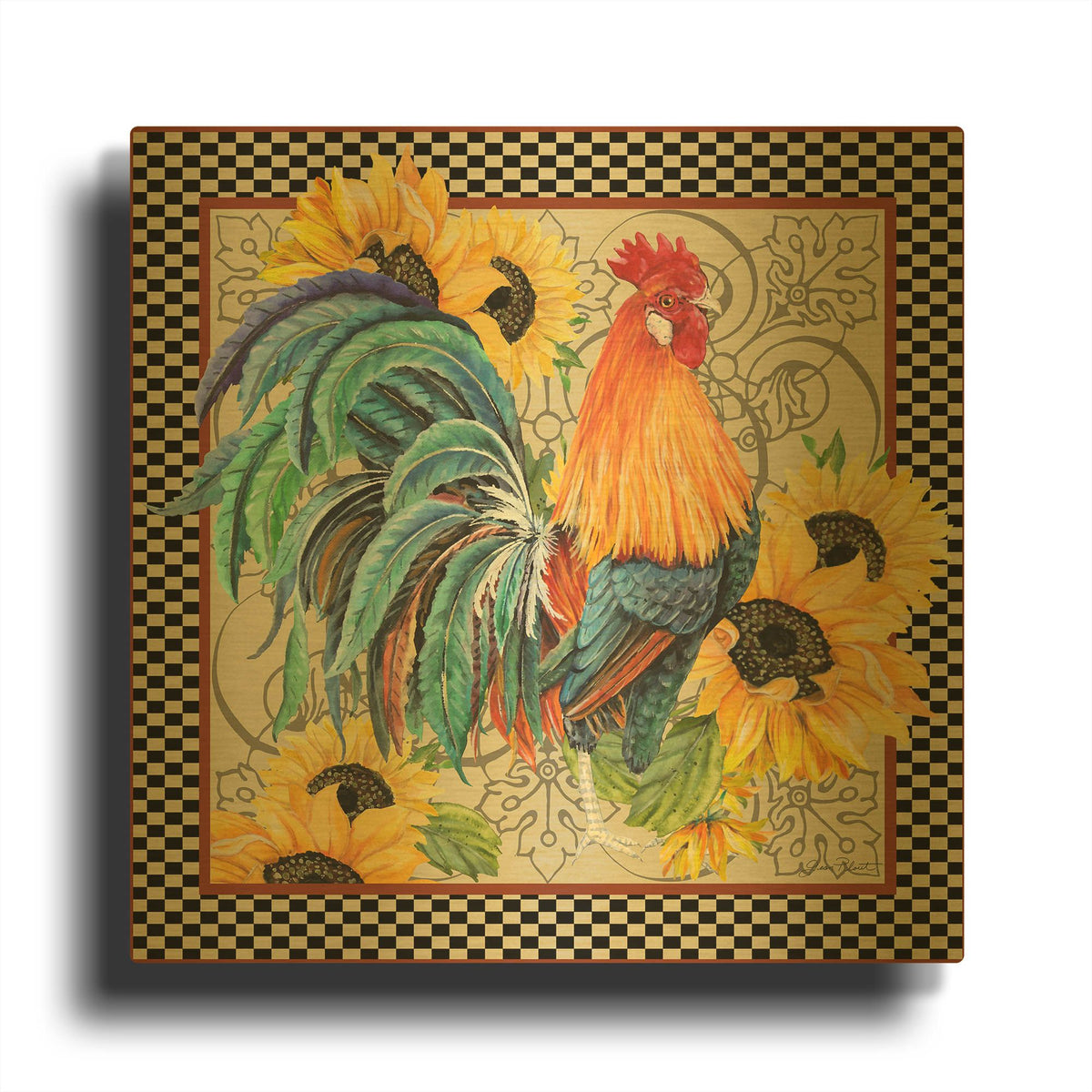 'Country Time Rooster D' By Jean Plout Gold Metal Wall Art