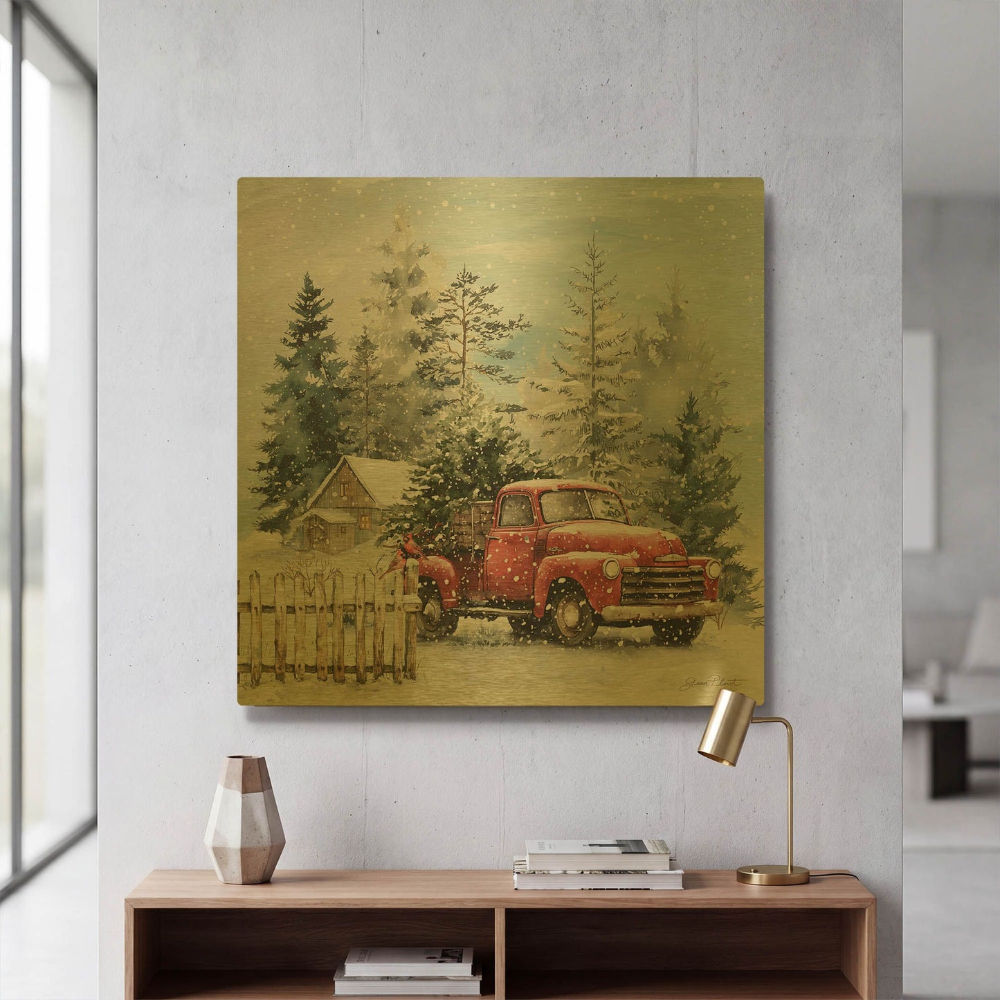 'Cozy Christmas Woods A' By Jean Plout Gold Metal Wall Art