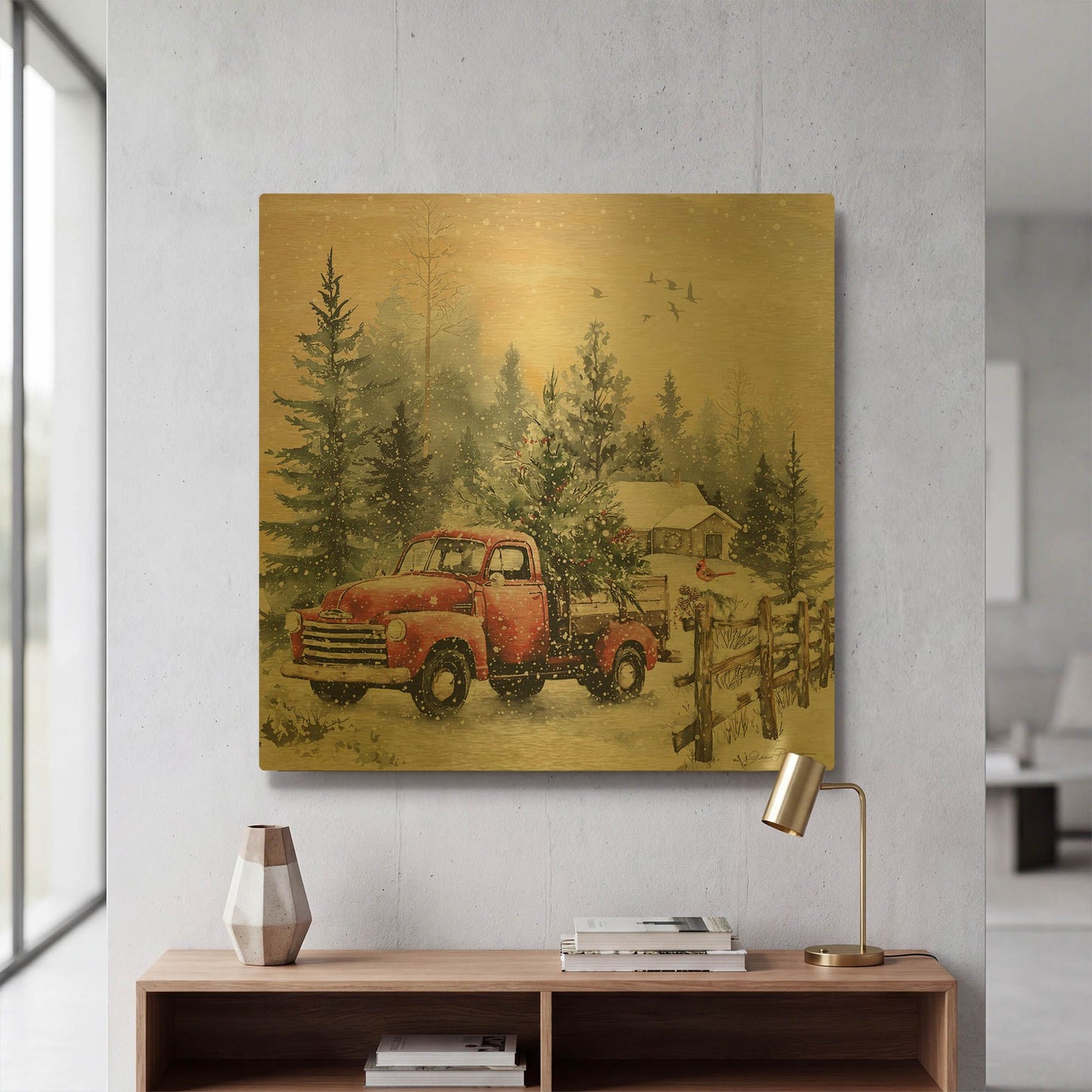 'Cozy Christmas Woods B' By Jean Plout Gold Metal Wall Art