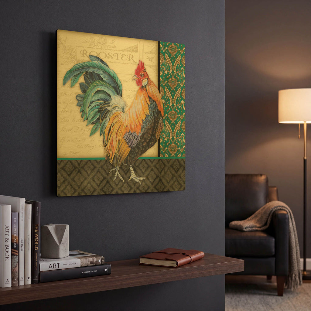 'Damask Rooster A' By Jean Plout Gold Metal Wall Art