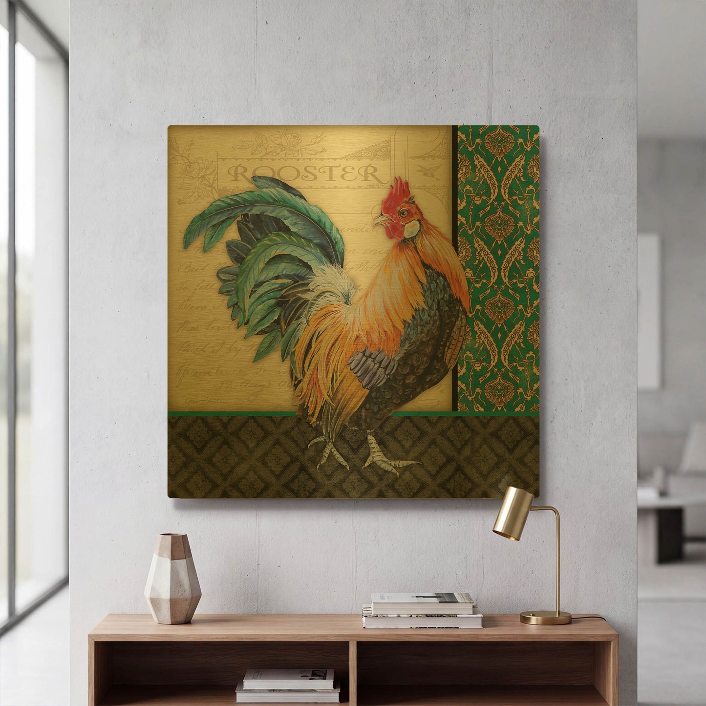 'Damask Rooster A' By Jean Plout Gold Metal Wall Art