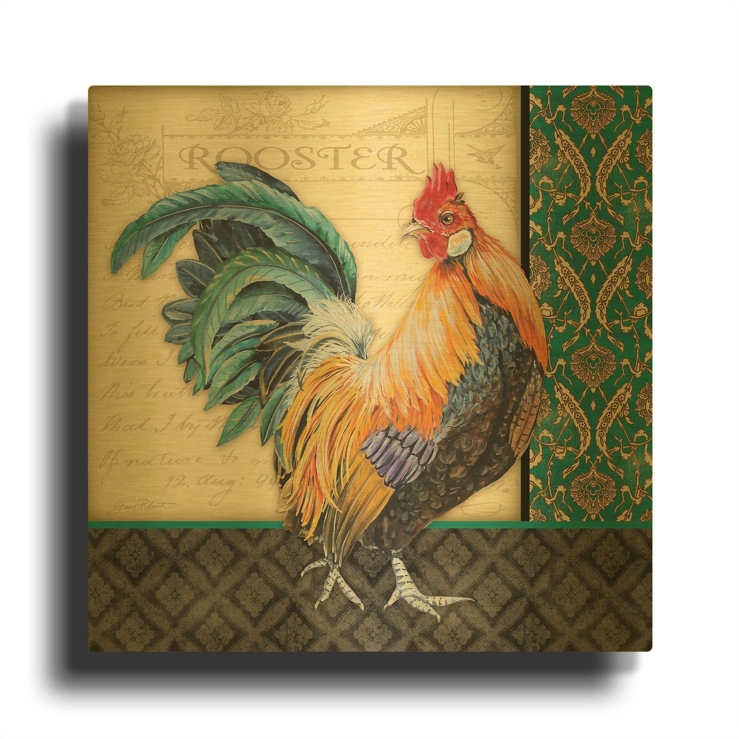 'Damask Rooster A' By Jean Plout Gold Metal Wall Art