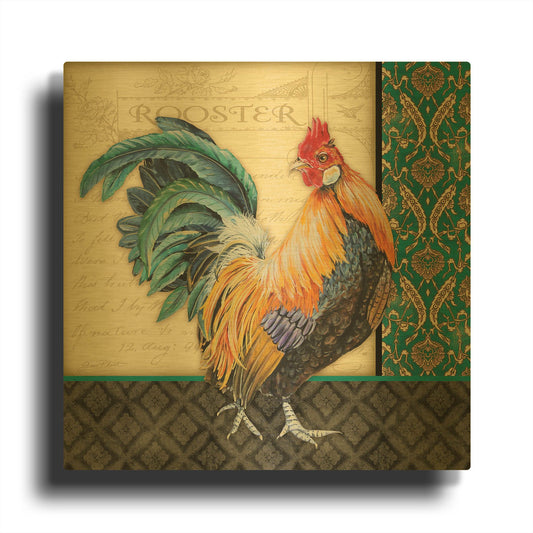 'Damask Rooster A' By Jean Plout Gold Metal Wall Art