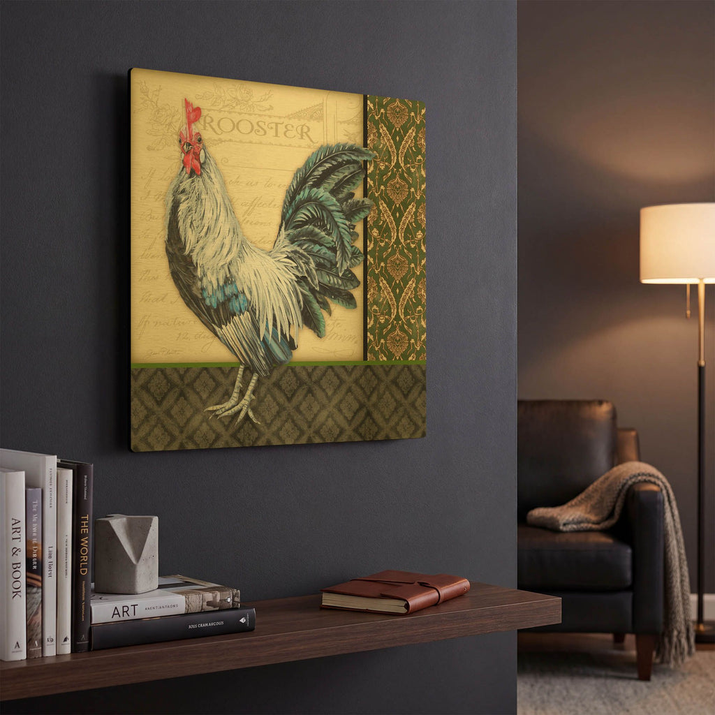 'Damask Rooster B' By Jean Plout Gold Metal Wall Art