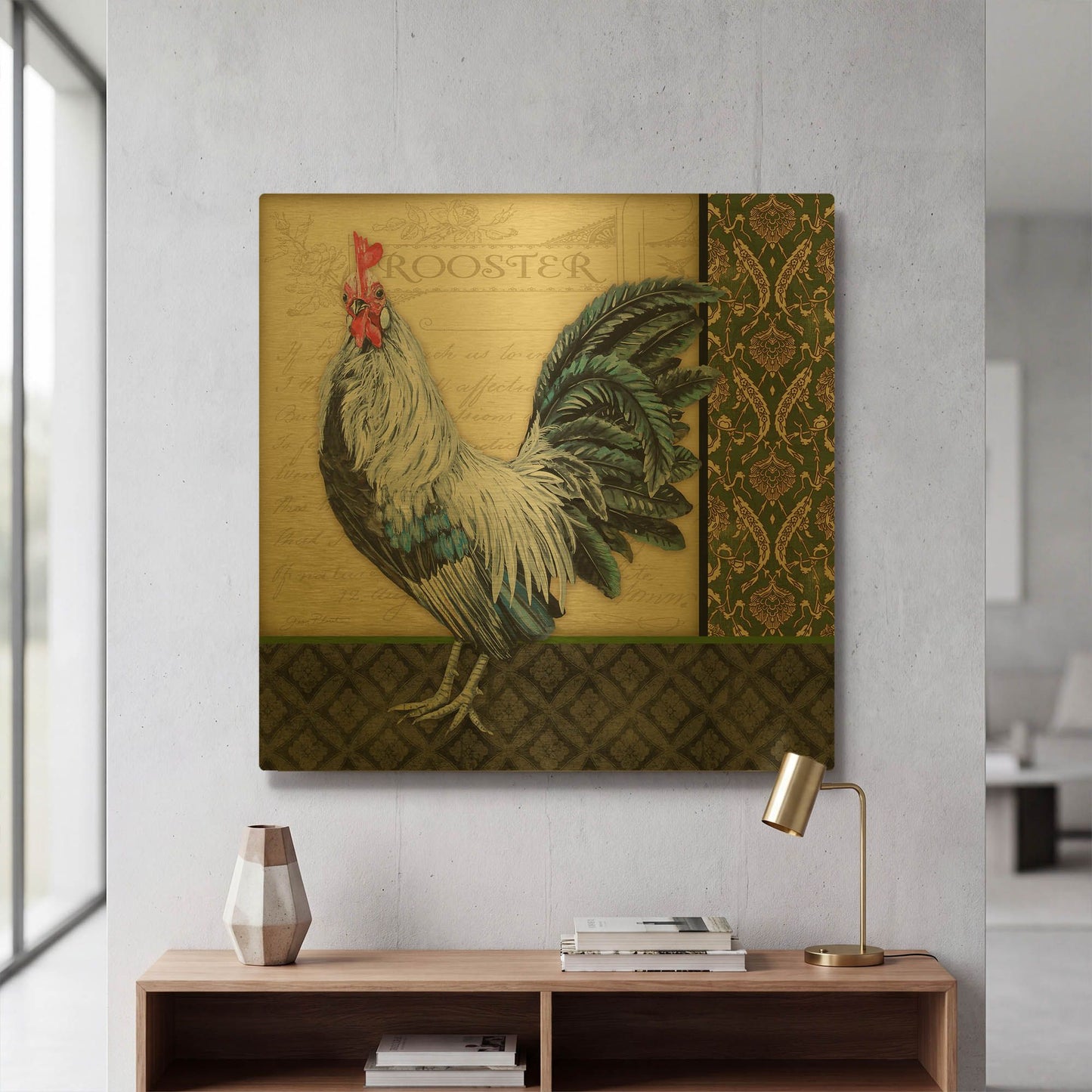 'Damask Rooster B' By Jean Plout Gold Metal Wall Art