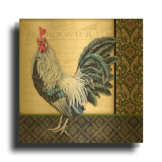 'Damask Rooster B' By Jean Plout Gold Metal Wall Art