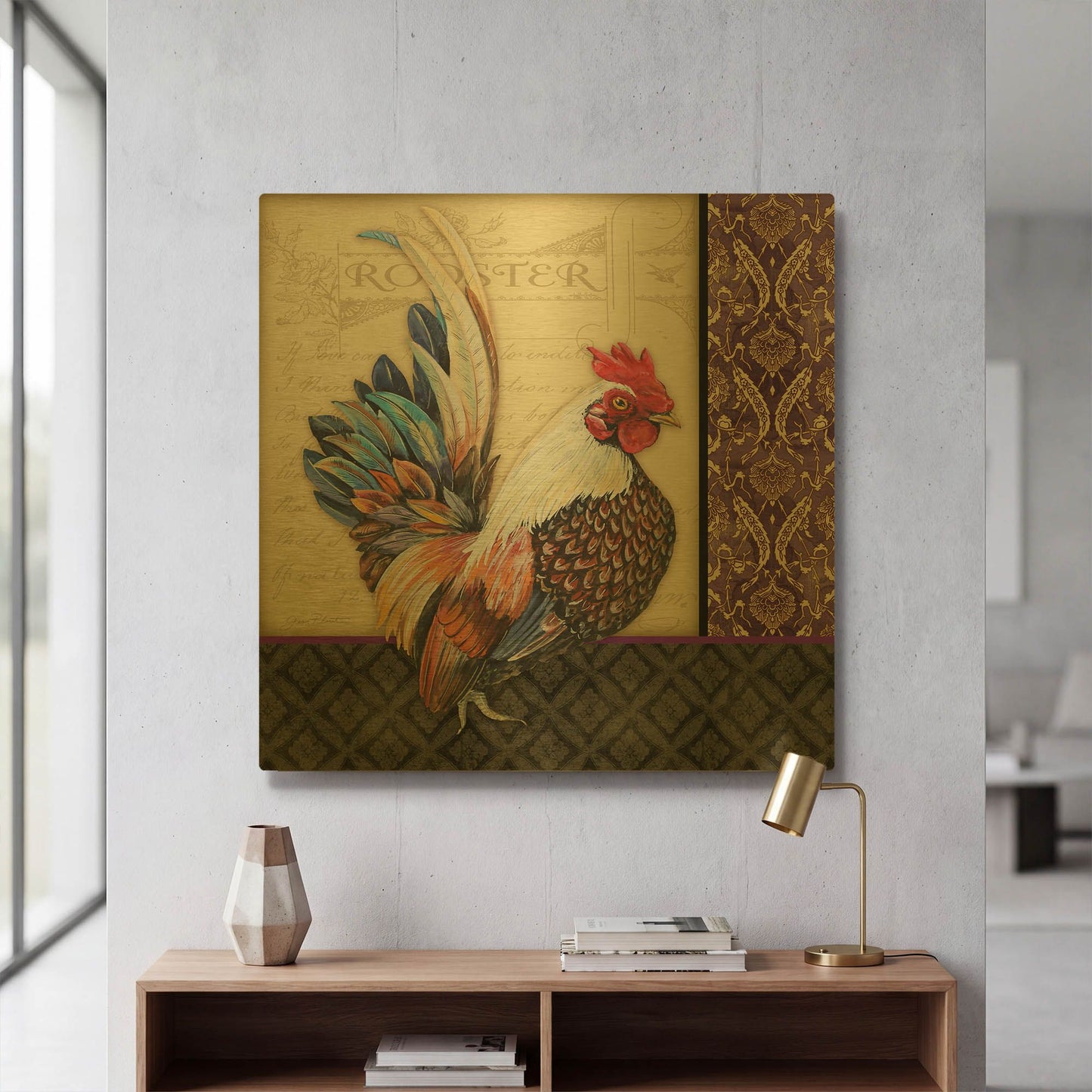 'Damask Rooster C' By Jean Plout Gold Metal Wall Art