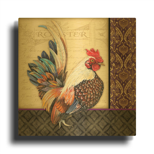 'Damask Rooster C' By Jean Plout Gold Metal Wall Art