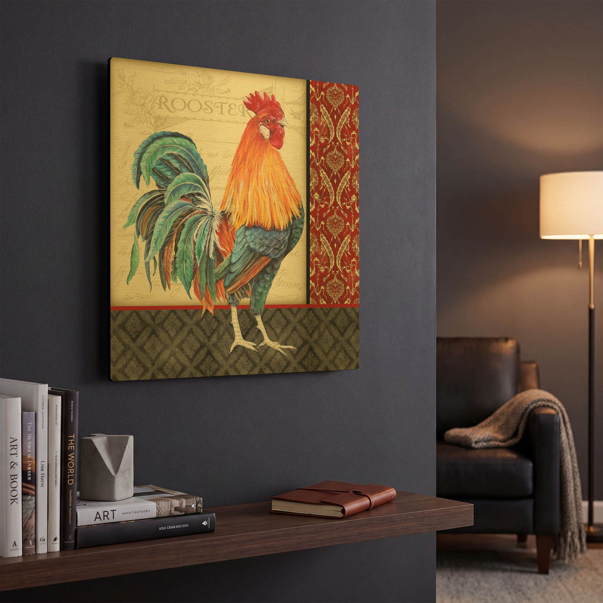 'Damask Rooster D' By Jean Plout Gold Metal Wall Art