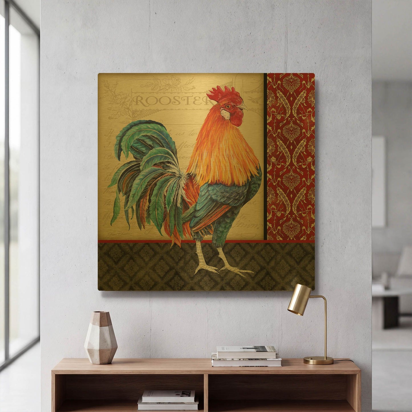 'Damask Rooster D' By Jean Plout Gold Metal Wall Art