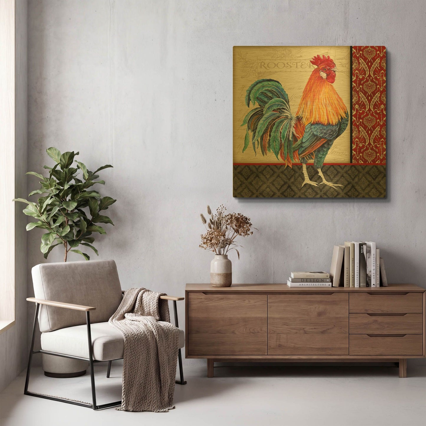'Damask Rooster D' By Jean Plout Gold Metal Wall Art