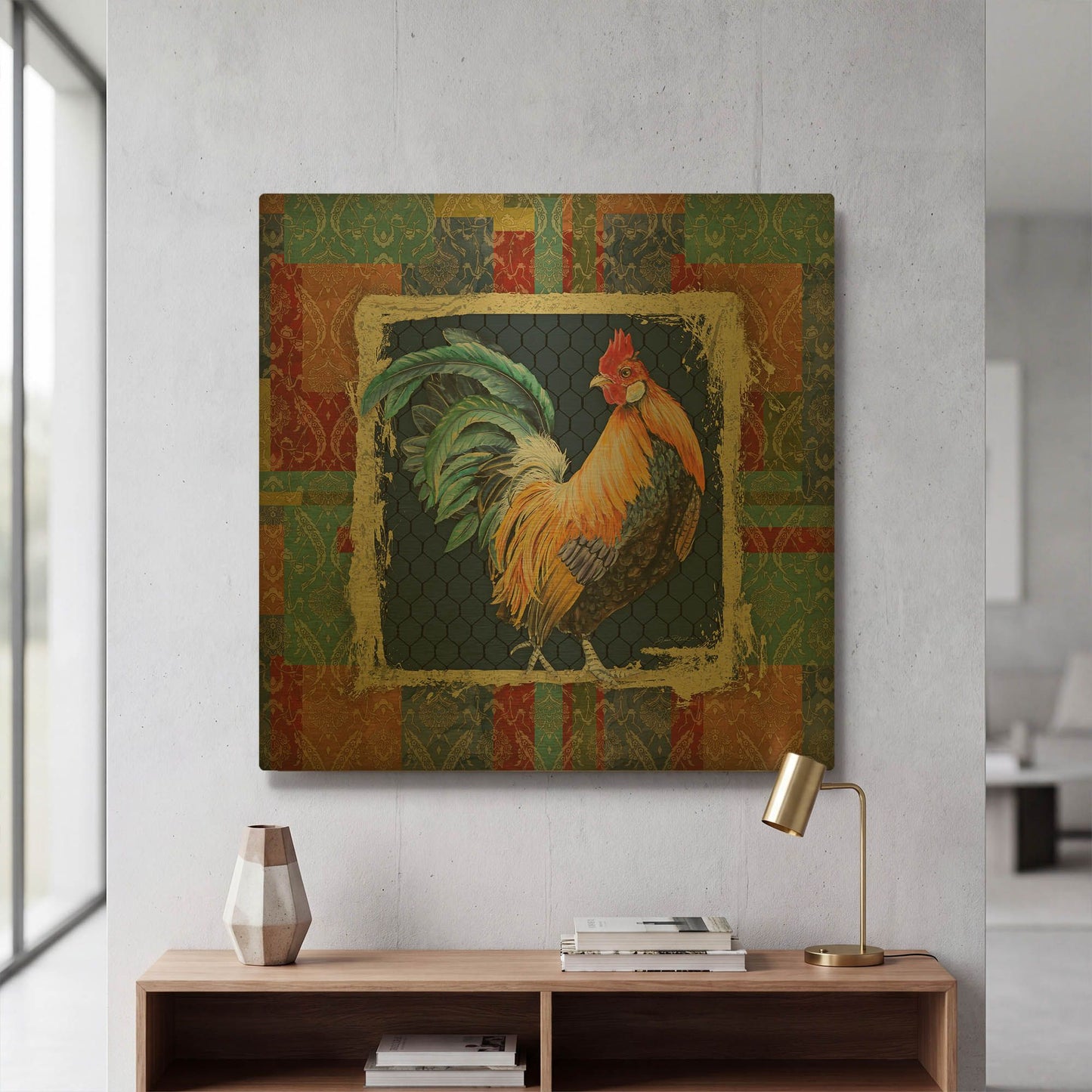 'Damask Rooster N' By Jean Plout Gold Metal Wall Art