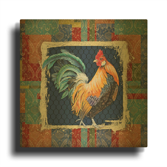 'Damask Rooster N' By Jean Plout Gold Metal Wall Art