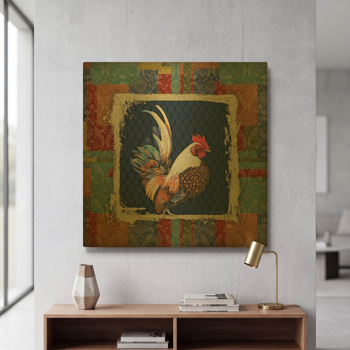 'Damask Rooster O' By Jean Plout Gold Metal Wall Art