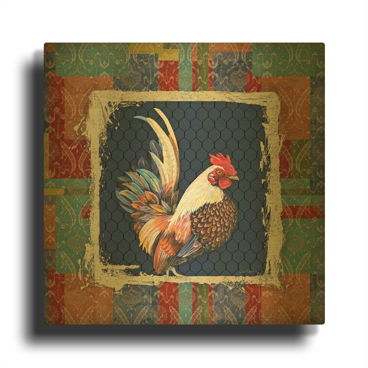 'Damask Rooster O' By Jean Plout Gold Metal Wall Art