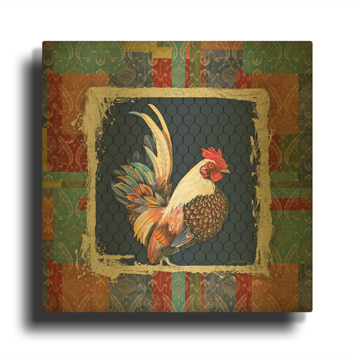 'Damask Rooster O' By Jean Plout Gold Metal Wall Art