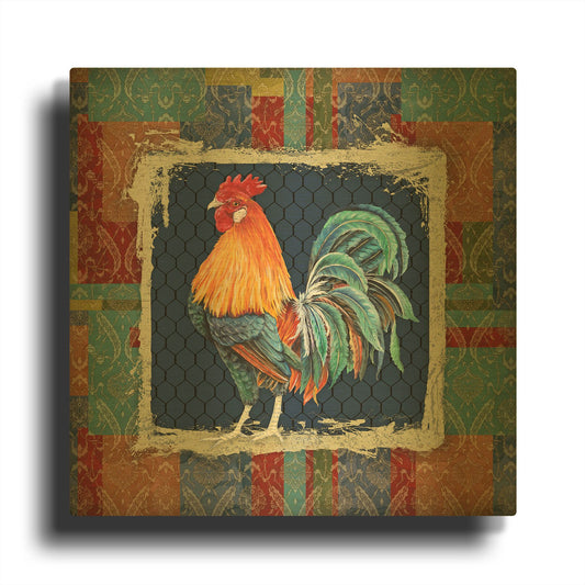 'Damask Rooster P' By Jean Plout Gold Metal Wall Art