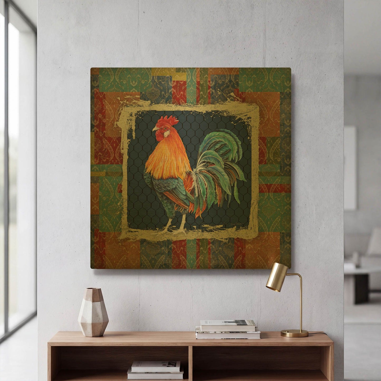 'Damask Rooster P' By Jean Plout Gold Metal Wall Art
