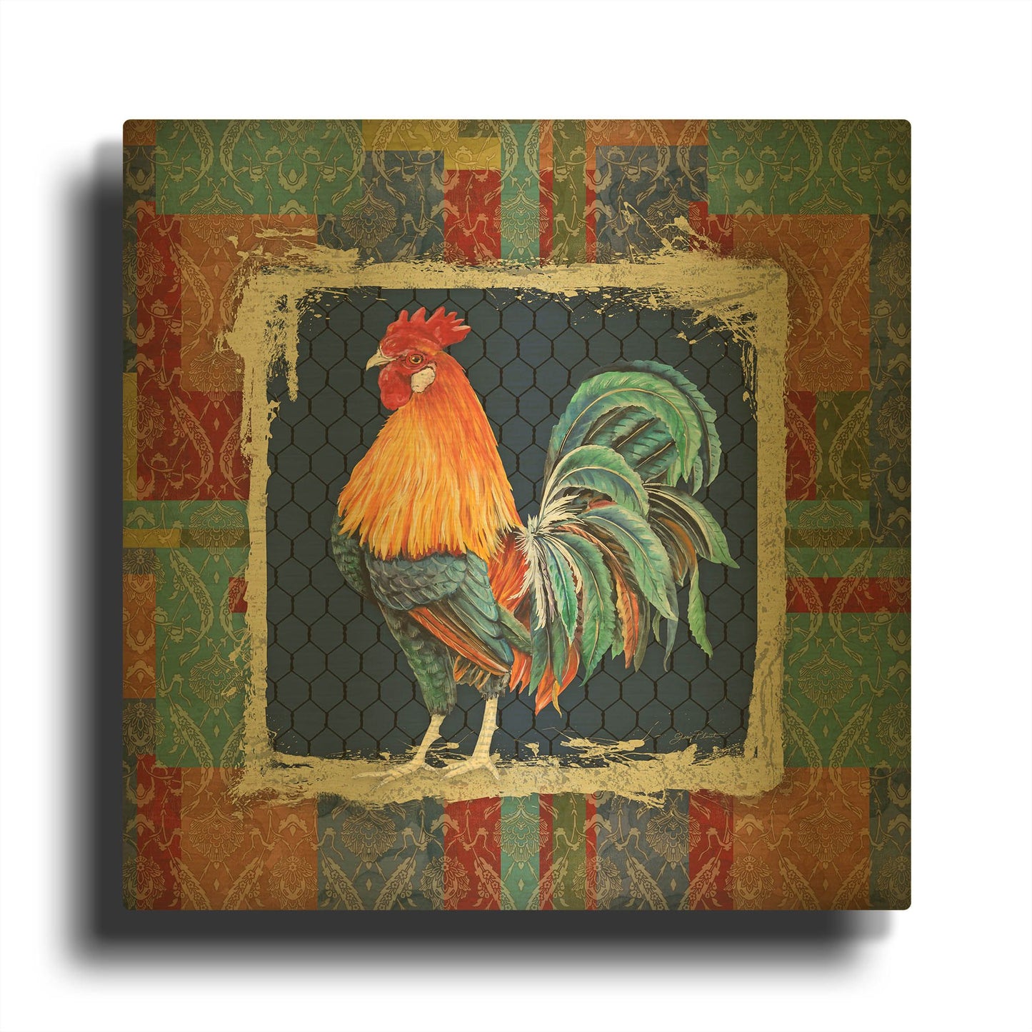 'Damask Rooster P' By Jean Plout Gold Metal Wall Art
