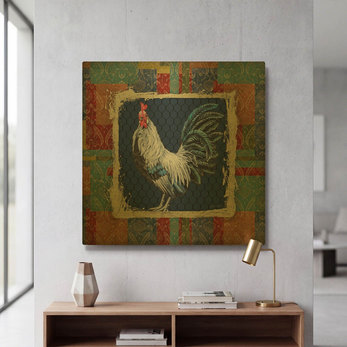 'Damask Rooster Q' By Jean Plout Gold Metal Wall Art
