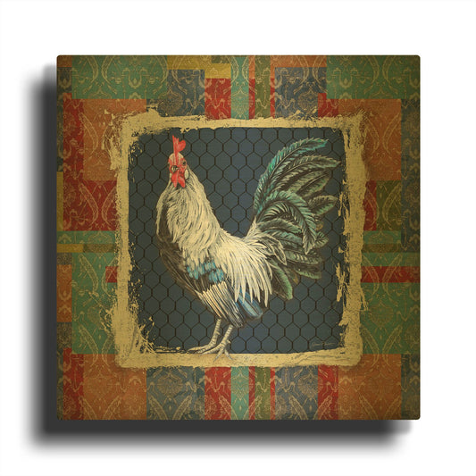 'Damask Rooster Q' By Jean Plout Gold Metal Wall Art