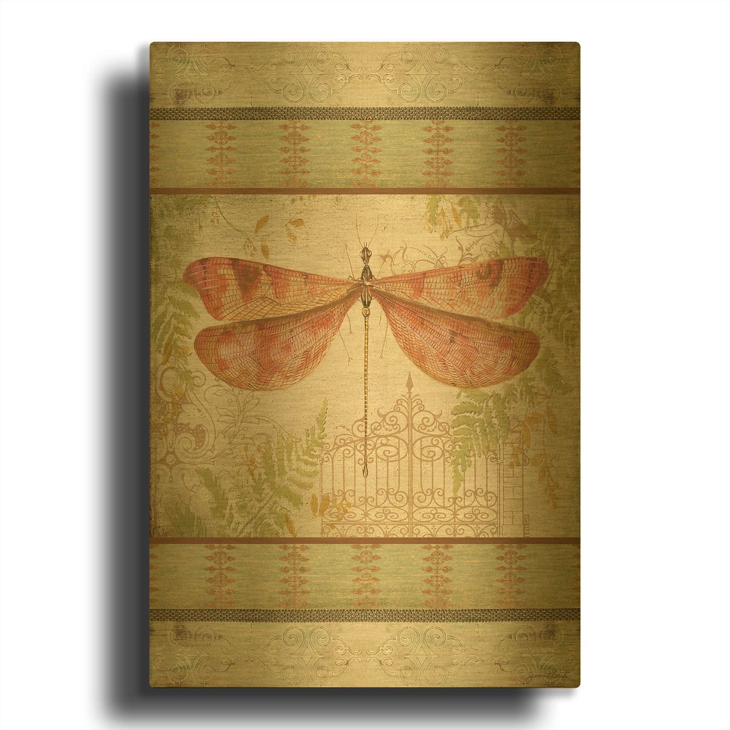 'Dragonfly Among The Ferns D' By Jean Plout Gold Metal Wall Art