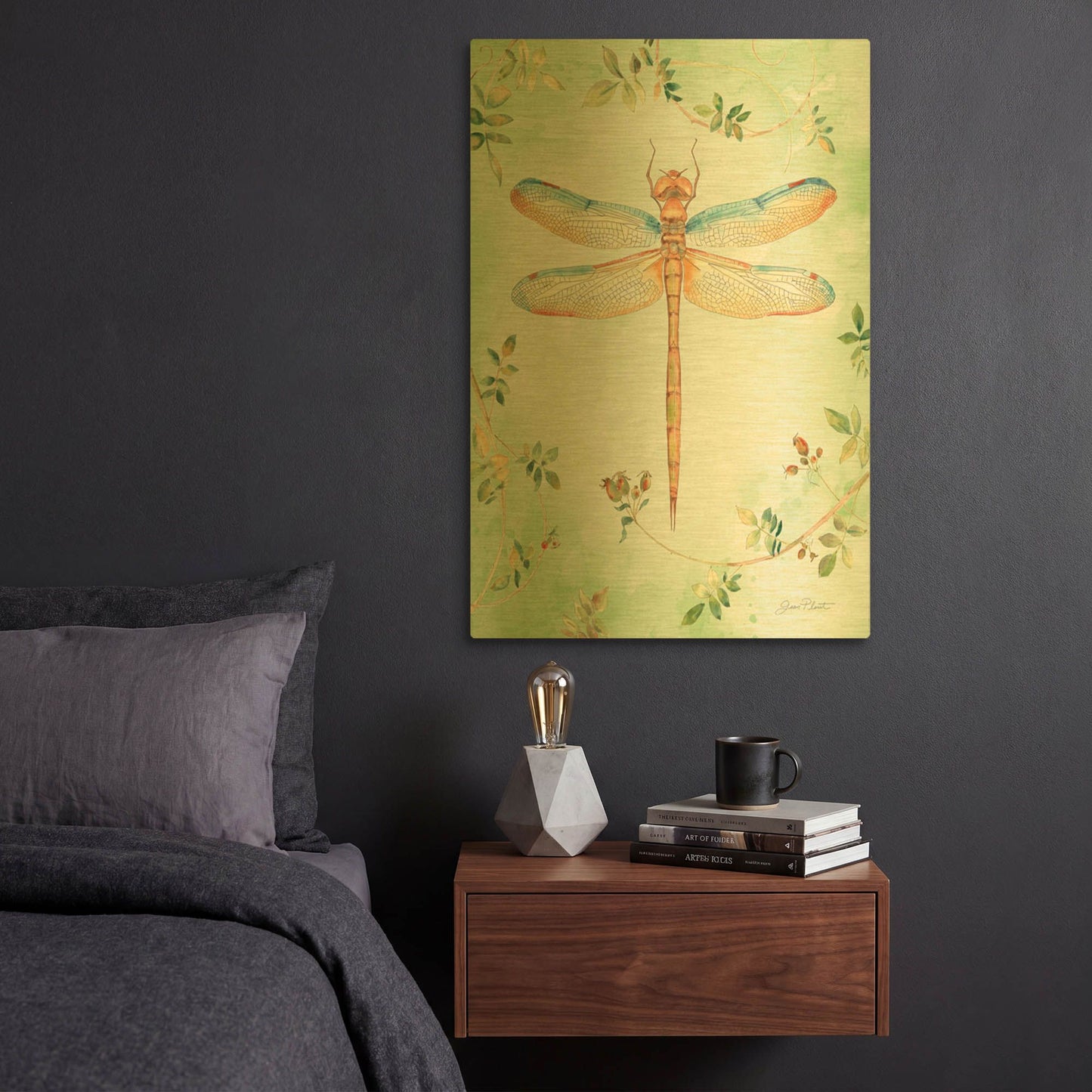 'Dragonfly With Rose Hips B' By Jean Plout Gold Metal Wall Art