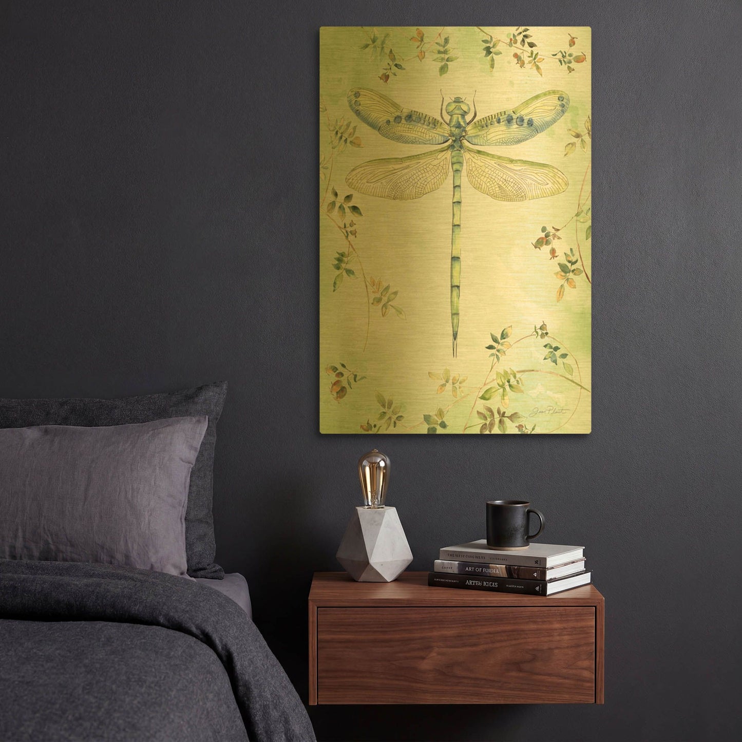 'Dragonfly With Rose Hips C' By Jean Plout Gold Metal Wall Art