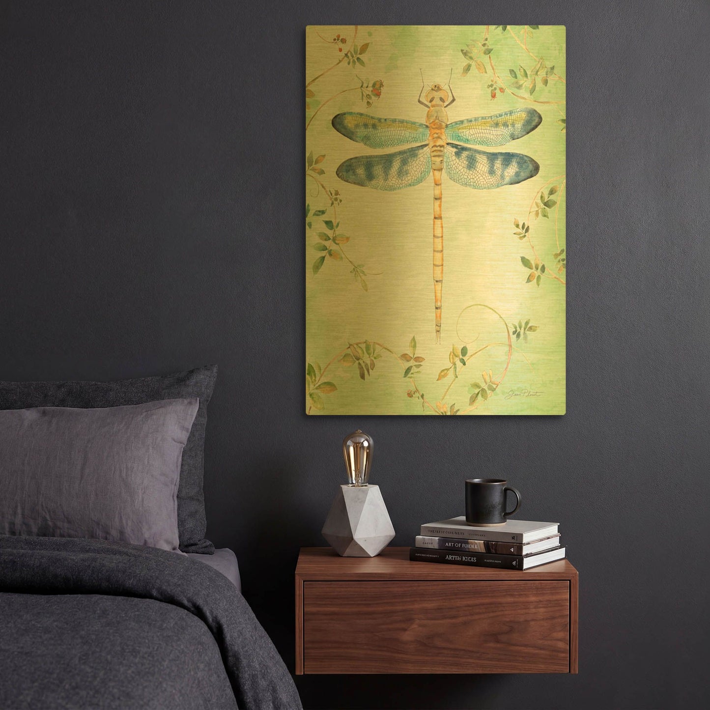 'Dragonfly With Rose Hips D' By Jean Plout Gold Metal Wall Art