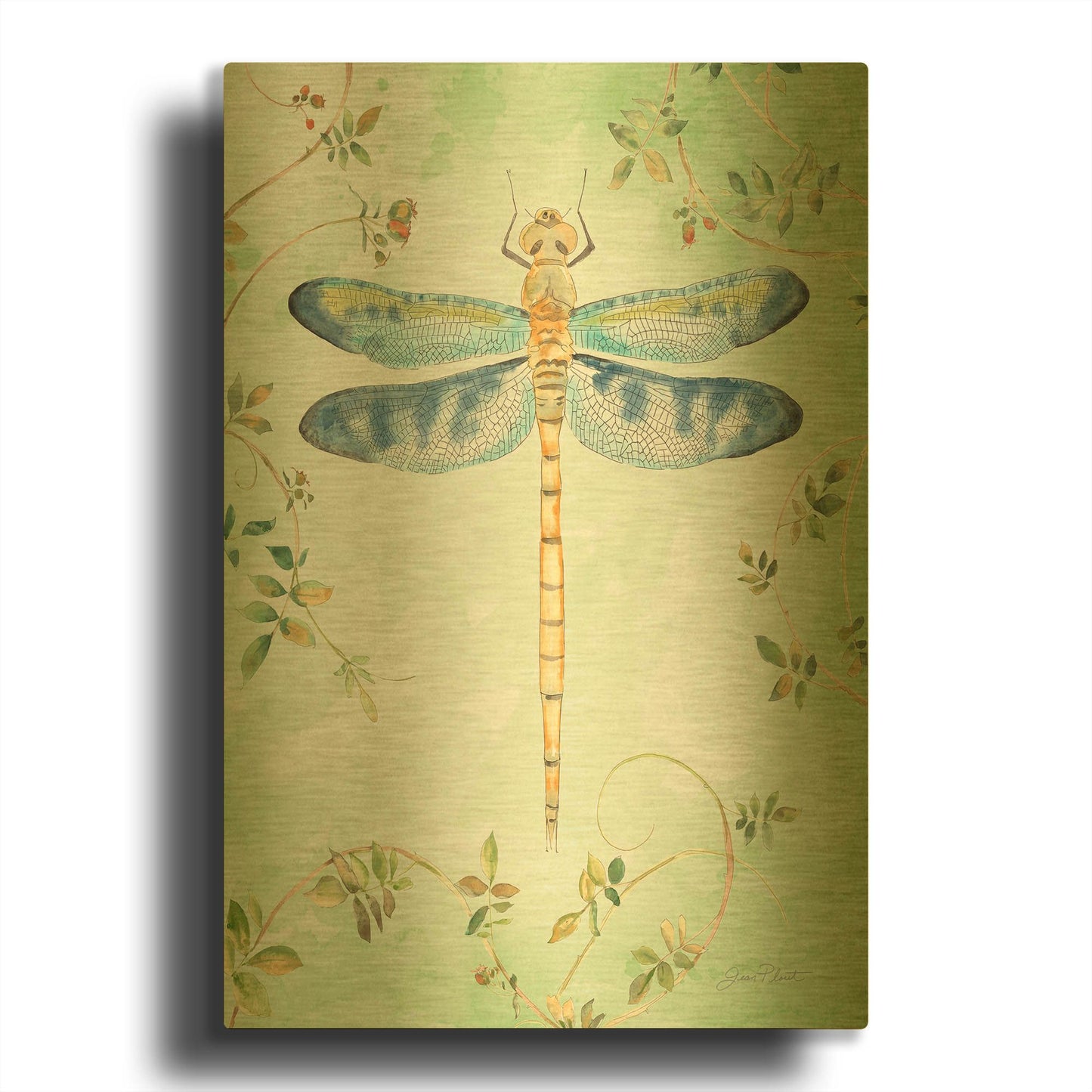 'Dragonfly With Rose Hips D' By Jean Plout Gold Metal Wall Art