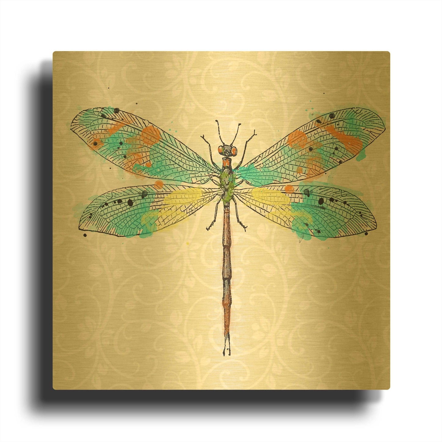 'Dragonfly On Gray Floral A' By Jean Plout Gold Metal Wall Art
