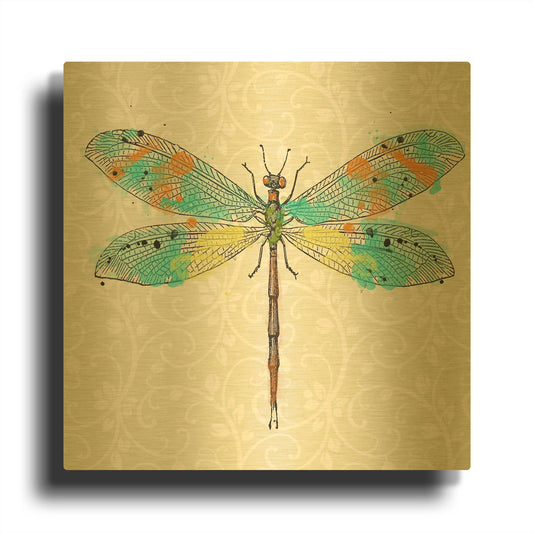 'Dragonfly On Gray Floral A' By Jean Plout Gold Metal Wall Art