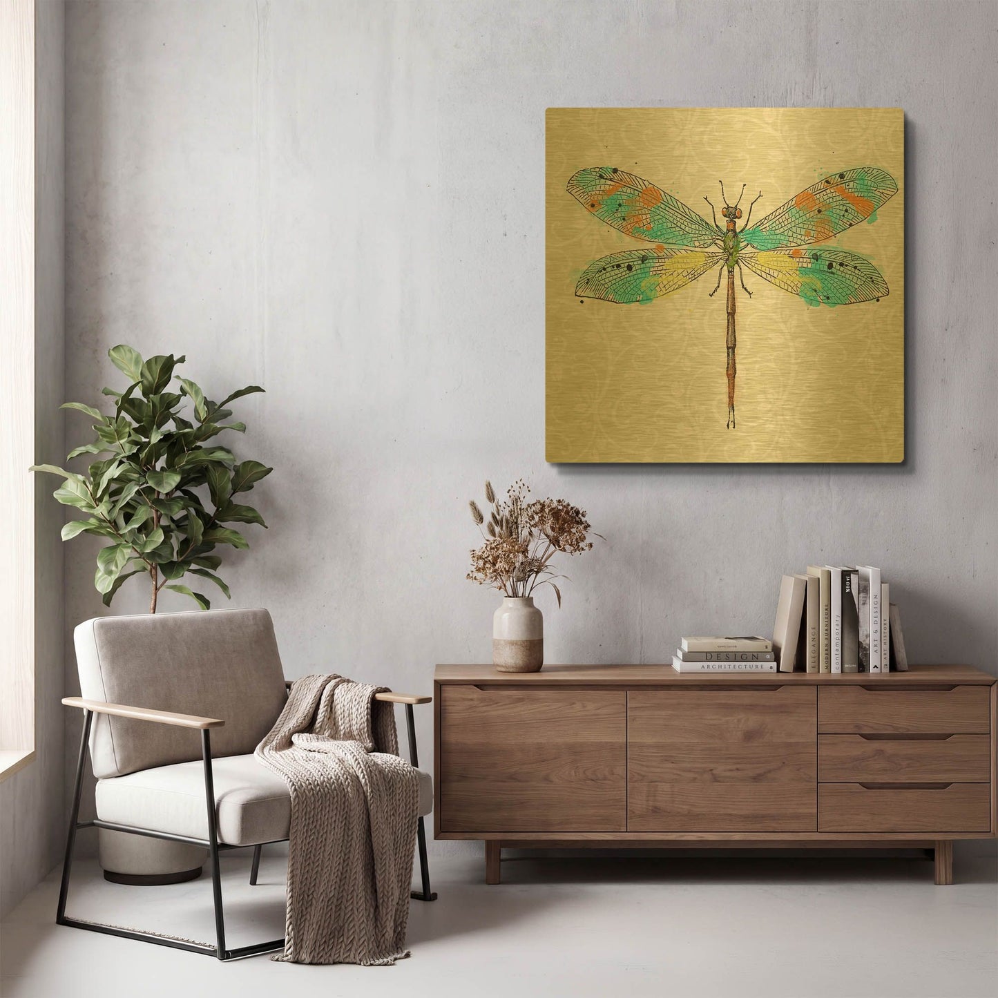 'Dragonfly On Gray Floral A' By Jean Plout Gold Metal Wall Art