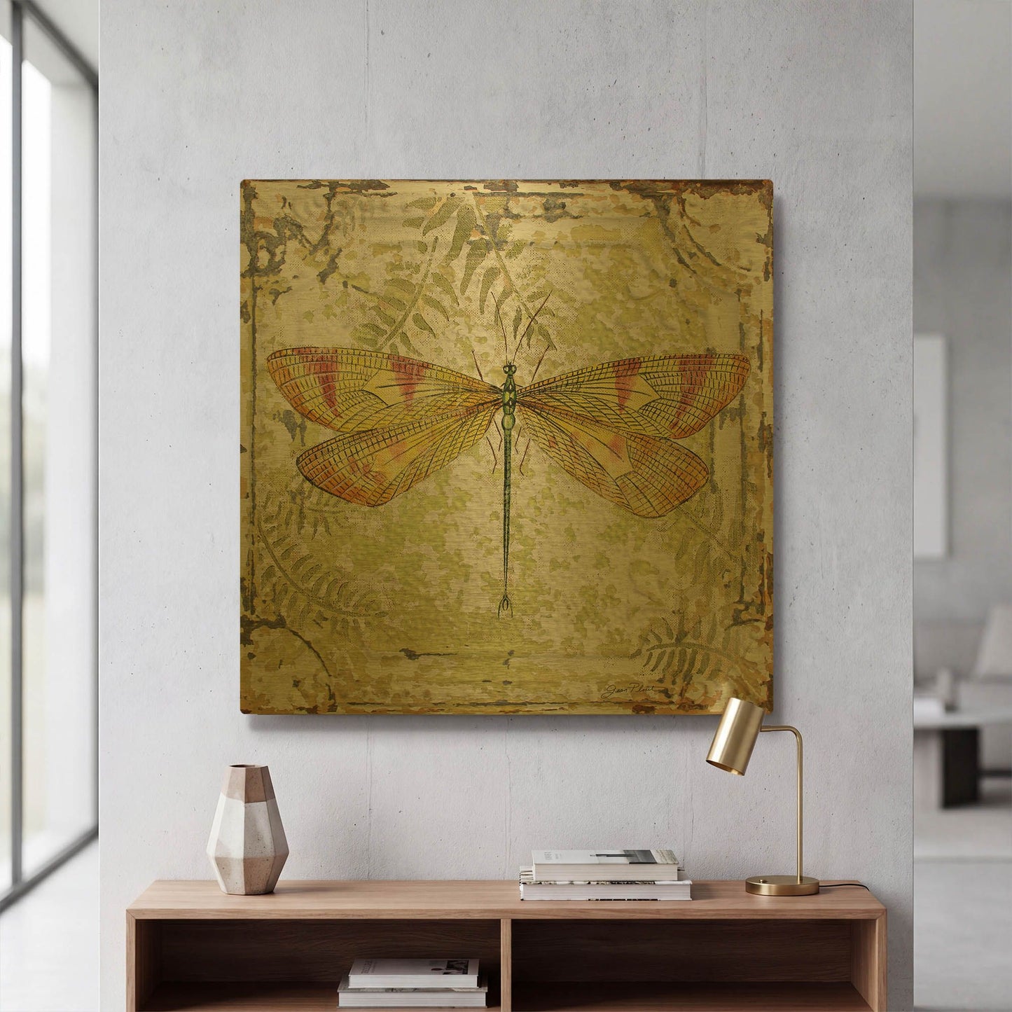 'Dragonfly A On Tin Tile' By Jean Plout Gold Metal Wall Art