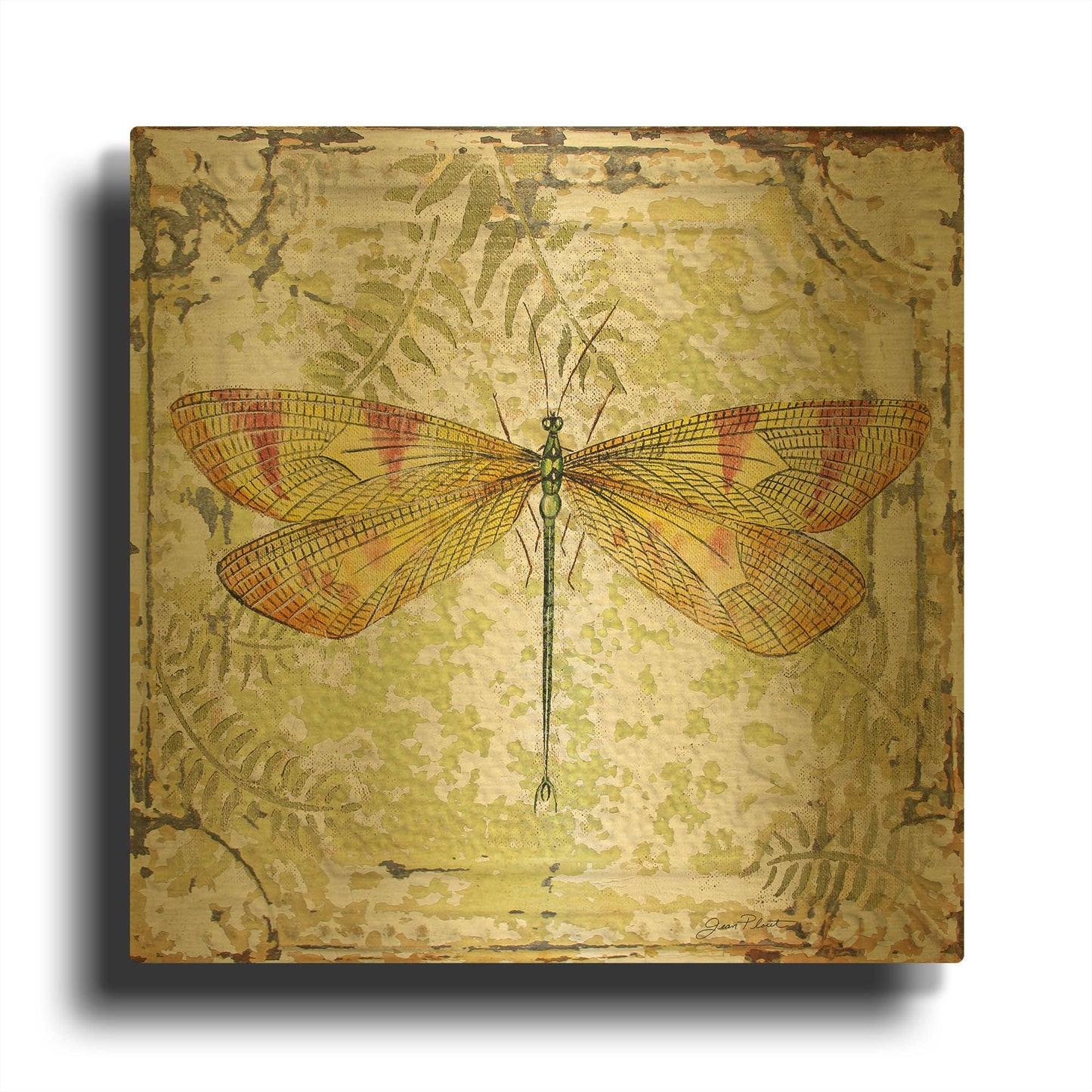 'Dragonfly A On Tin Tile' By Jean Plout Gold Metal Wall Art