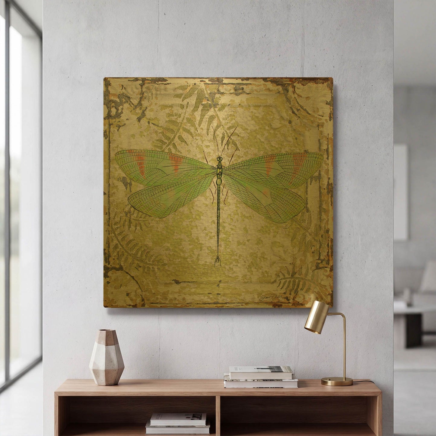 'Dragonfly E On Tin Tile' By Jean Plout Gold Metal Wall Art
