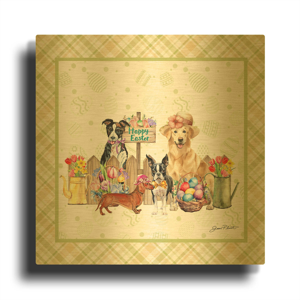 'Easter Parade Dogs A1' By Jean Plout Gold Metal Wall Art