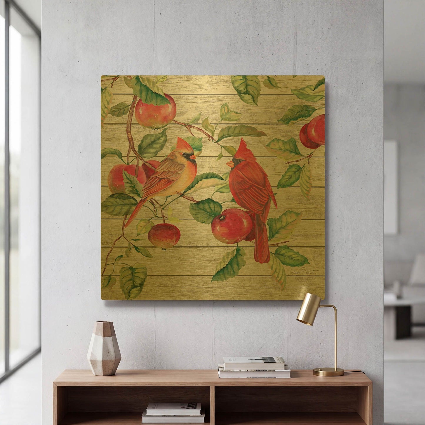 'Fall Cardinals A' By Jean Plout Gold Metal Wall Art